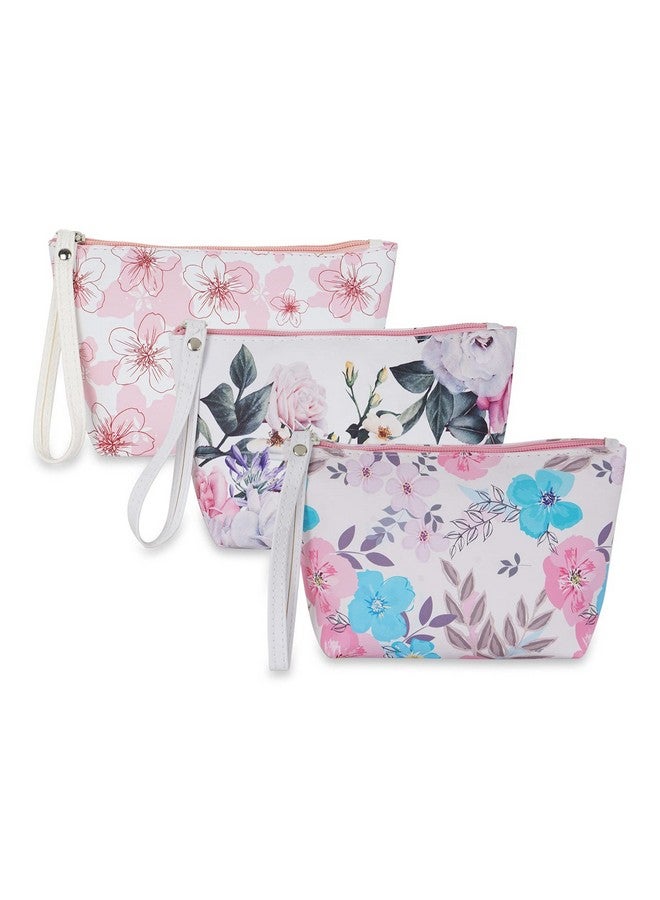 NFI essentials PU Floral Print Makeup Pouch for Women, Stylish Pouches for Makeup Accessories & Travel Organiser, Cosmetic Pouch, Toiletry Make up Bag for Girls Pack of 3 (White, Cream & Pink) - Image 1