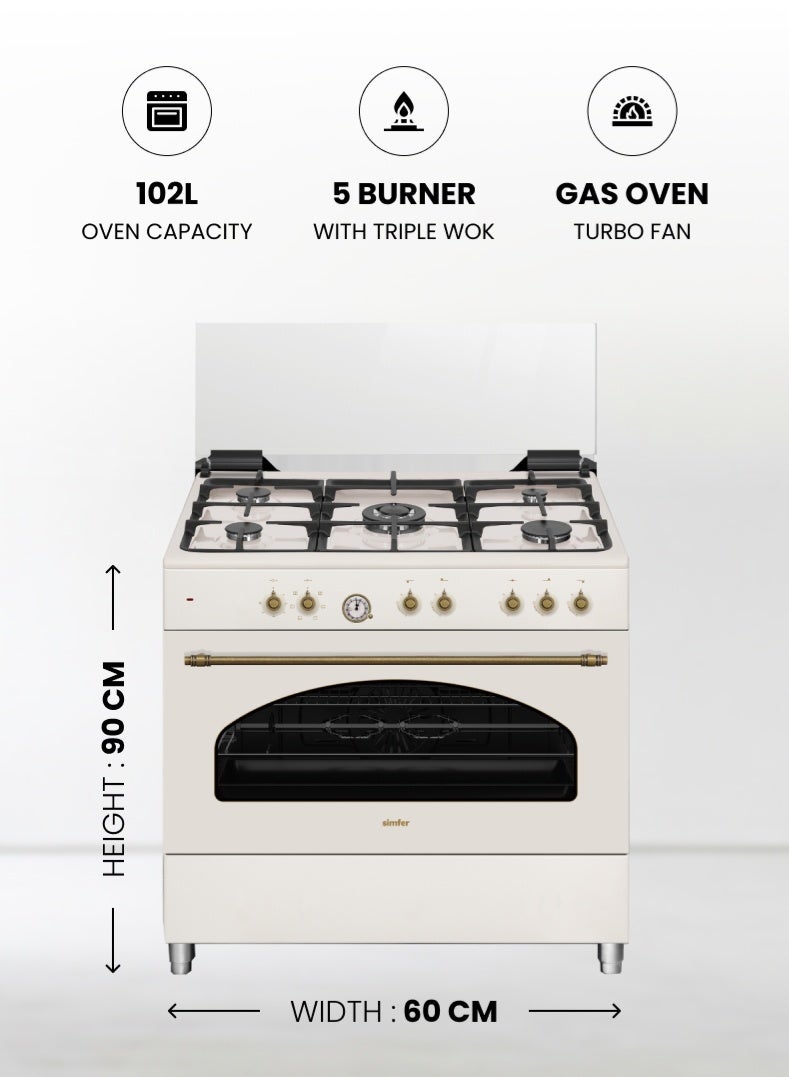 Simfer Gas Cooker 90x60 cm | 102L Oven Capacity | 5 Burner with Triple Wok | Gas Oven Turbo Fan Rotisserie Grill | Auto Ignition FFD | Beige | Model SMF9066GR Classic - Image 2