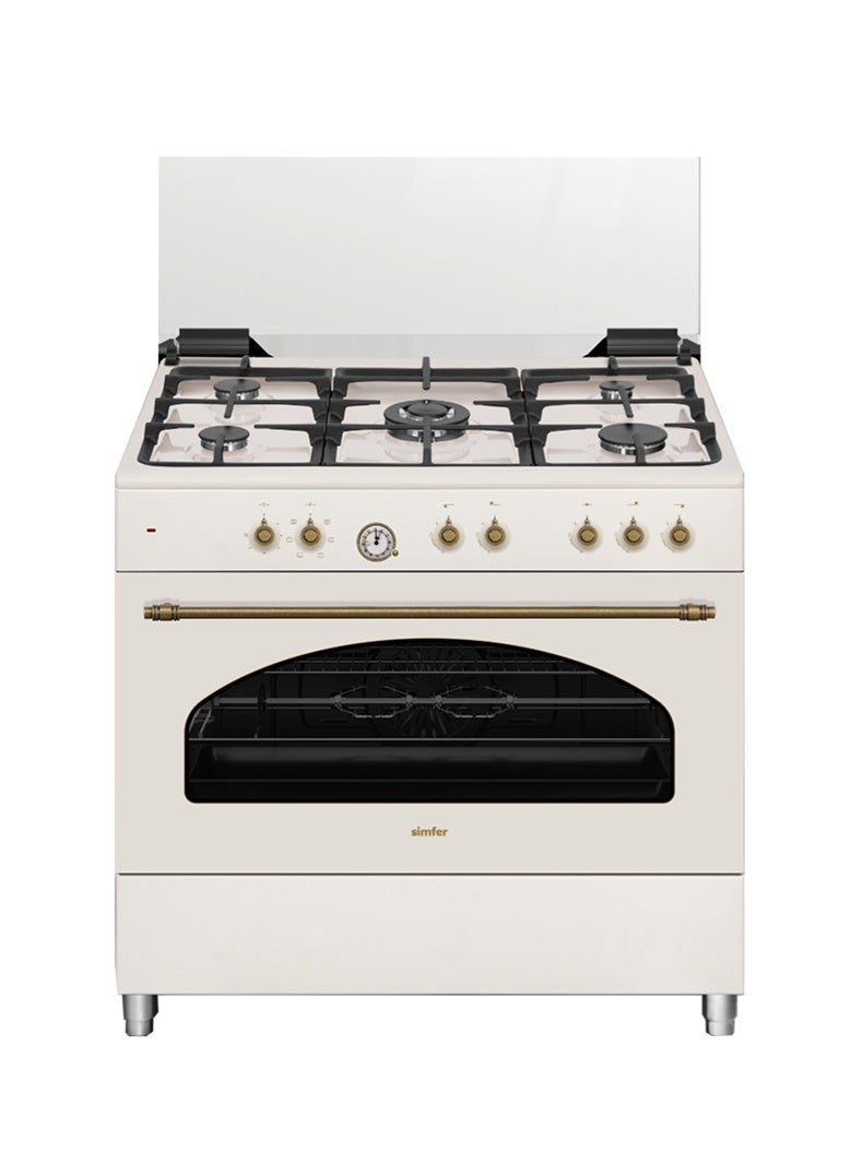 Gas Cooker 90x60 cm | 102L Oven Capacity | 5 Burner with Triple Wok | Gas Oven Turbo Fan Rotisserie Grill | Auto Ignition FFD | Beige | Model SMF9066GR Classic