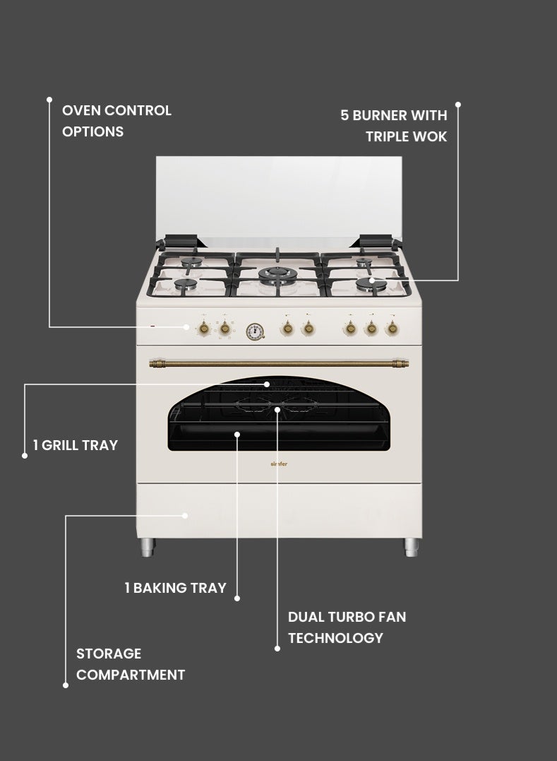 Simfer Gas Cooker 90x60 cm | 102L Oven Capacity | 5 Burner with Triple Wok | Gas Oven Turbo Fan Rotisserie Grill | Auto Ignition FFD | Beige | Model SMF9066GR Classic - Image 3