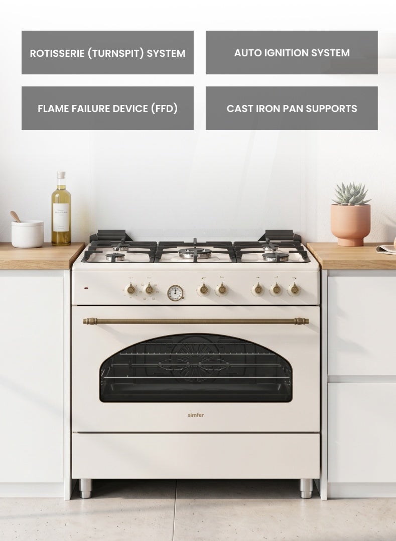 Simfer Gas Cooker 90x60 cm | 102L Oven Capacity | 5 Burner with Triple Wok | Gas Oven Turbo Fan Rotisserie Grill | Auto Ignition FFD | Beige | Model SMF9066GR Classic - Image 4