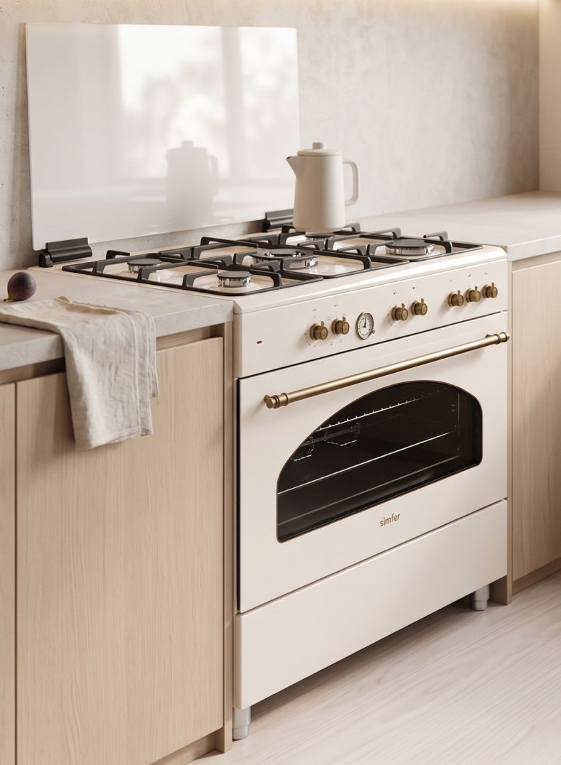 Simfer Gas Cooker 90x60 cm | 102L Oven Capacity | 5 Burner with Triple Wok | Gas Oven Turbo Fan Rotisserie Grill | Auto Ignition FFD | Beige | Model SMF9066GR Classic - Image 5