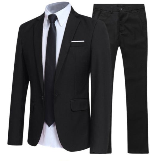 Casual small suit mens Korean-style slim fit Autumn New bridegroom wedding suit two-piece business suit mens clothing Black 
