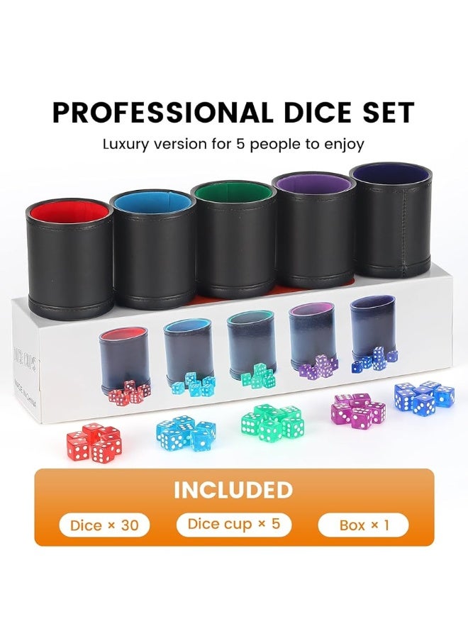 RERIVER 5 Pack PU Leather Dice Cups Velvet FeltLined Shaker Cups with 30 Dot Dice for Bar Party Yahtzee Farkle Dice Games - Image 1