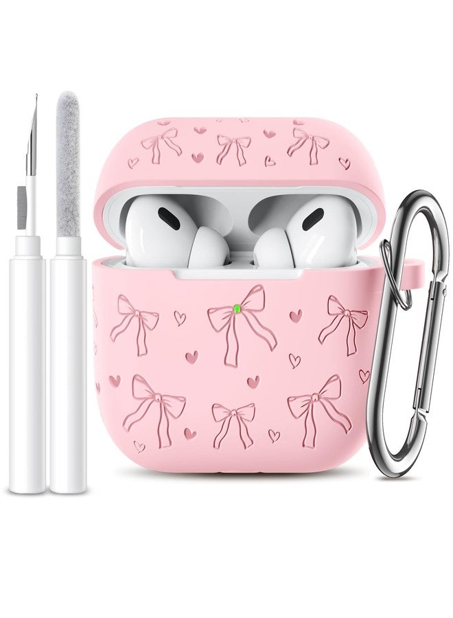 Lerobo for AirPods Pro 2 Case Cover, Cute Bow Heart Engraved Girly Design Soft Silicone Cover with Cleaner Kit & Keychain, Compatible with Apple AirPods Pro Case for Women, 360°Protection, Pink - Image 1