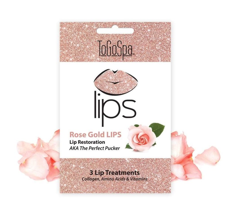 ToGoSpa LIPS The Perfect Pucker  Moisturize Hydrate and Soothe Lips  AntiAging Clean Collagen Gel Masks with Hyaluronic Acid Vitamins C  E  3 Pack Rose Gold Lips