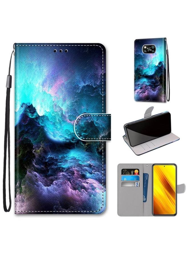 HuHa Case Cover For Xiaomi Poco X3 NFC Coloured Drawing Cross Texture Horizontal Flip PU Leather Case with Holder & Card Slots & Wallet & Lanyard Colorful Clouds 