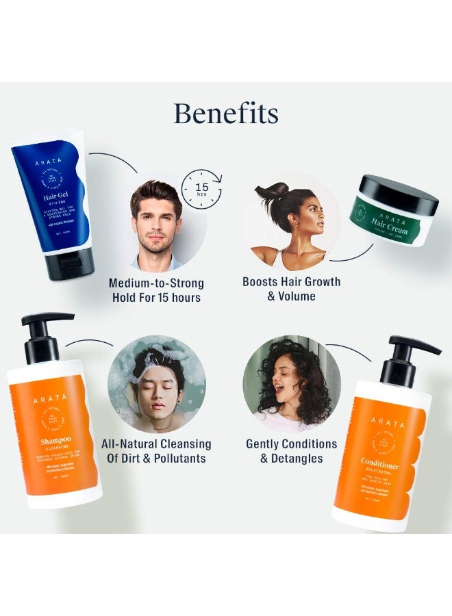 ARATA Natural Hair Care Essentials For Women & Men With Cleansing Shampoo (300 ML), Conditioner (300 ML), Hair Gel (150 ML) & Hair Cream (100 ML) | All-Natural, Vegan & Cruelty-Free | Plant-Based, Non-Toxic Hair Cleansing & Styling - Image 2
