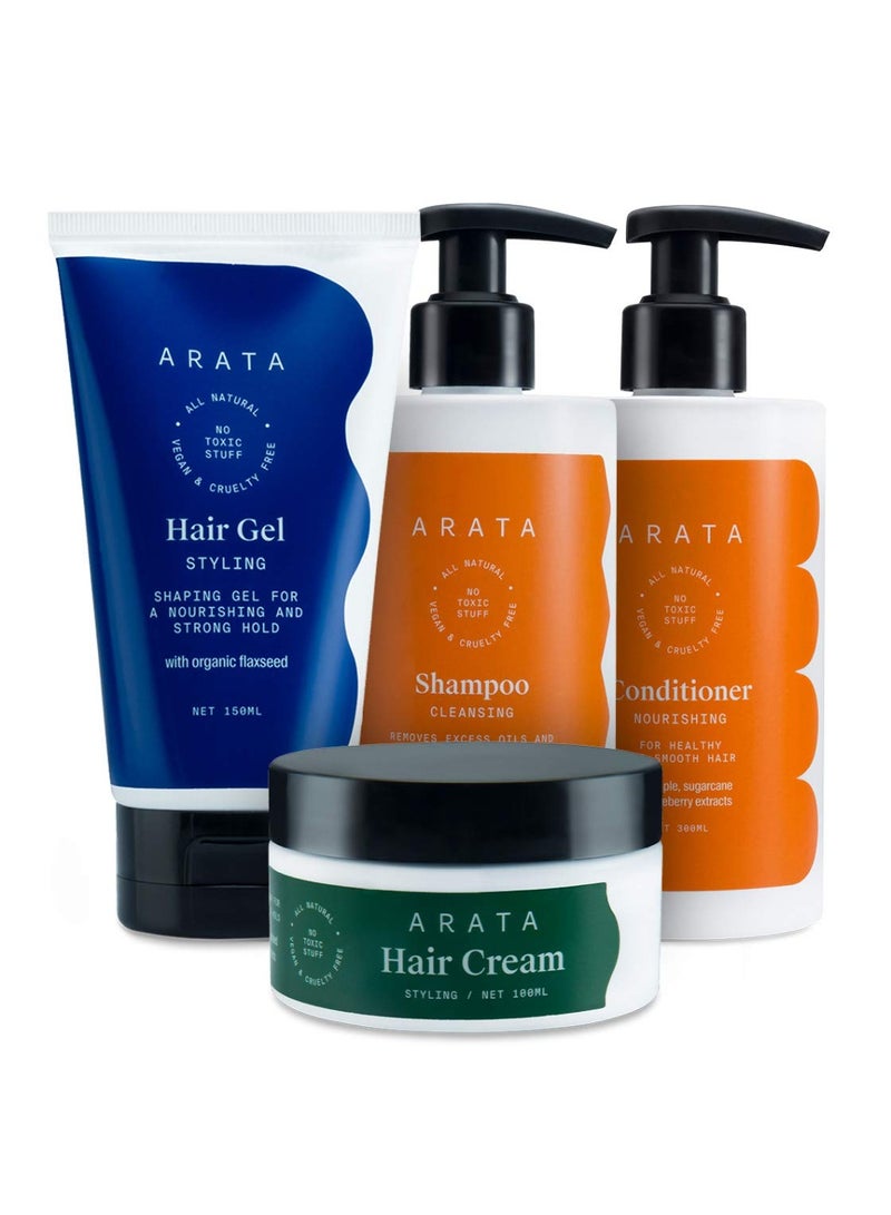 ARATA Natural Hair Care Essentials For Women & Men With Cleansing Shampoo (300 ML), Conditioner (300 ML), Hair Gel (150 ML) & Hair Cream (100 ML) | All-Natural, Vegan & Cruelty-Free | Plant-Based, Non-Toxic Hair Cleansing & Styling - Image 1