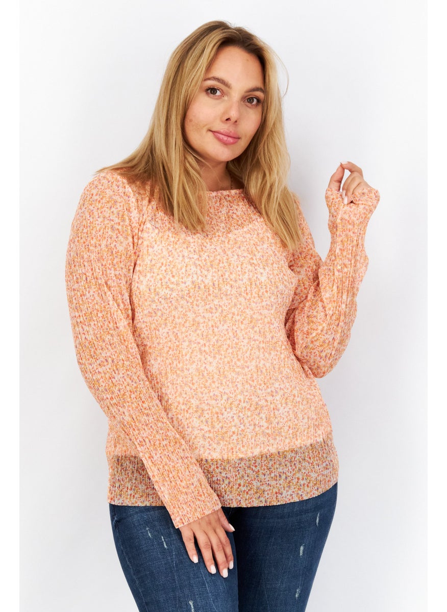 ESPRIT Women Round Neck Long Sleeve Floral Pattern Blouse, Orange Combo  - Image 1