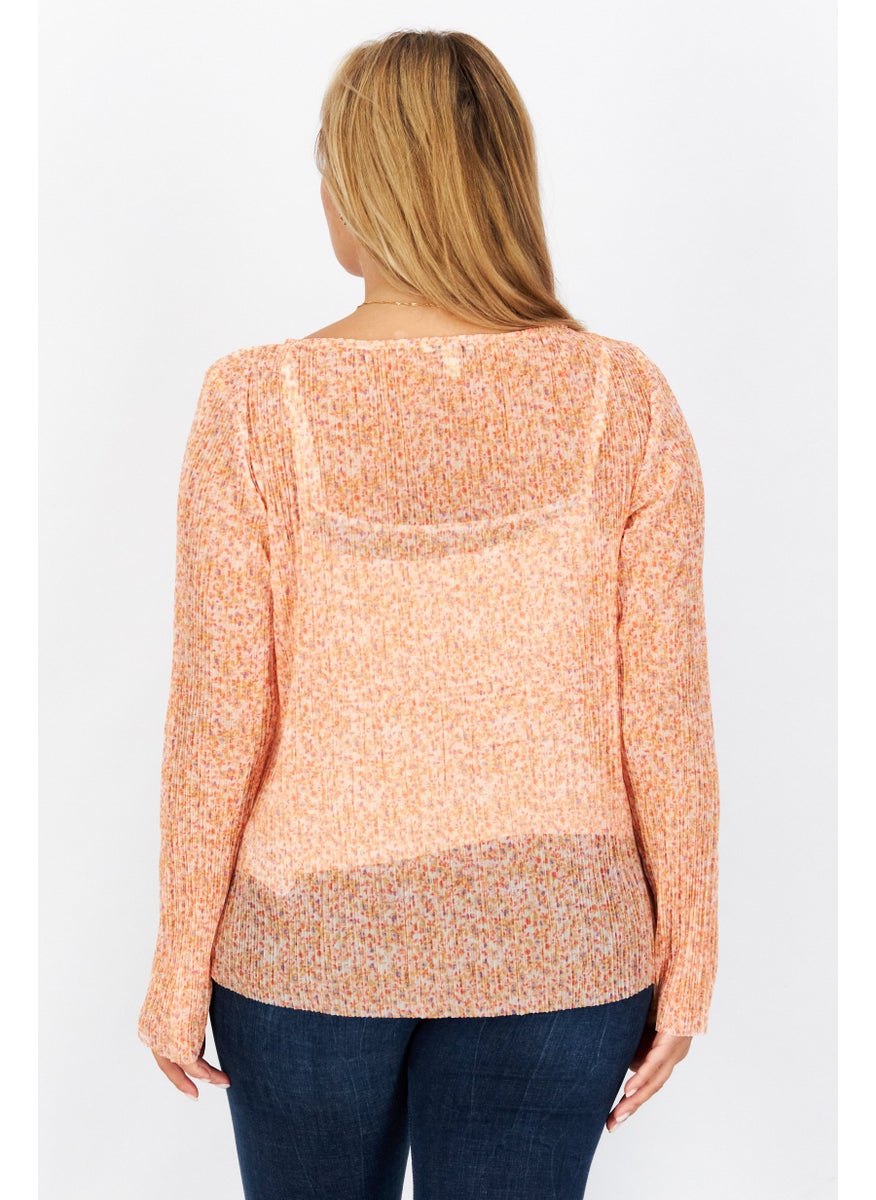 ESPRIT Women Round Neck Long Sleeve Floral Pattern Blouse, Orange Combo  - Image 2