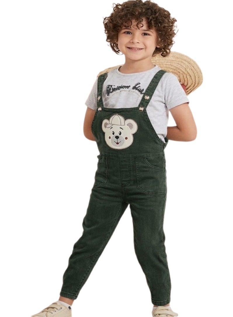 Boy's Jumpsuit And T-shirt Set, Soft Poplin - Dark Green