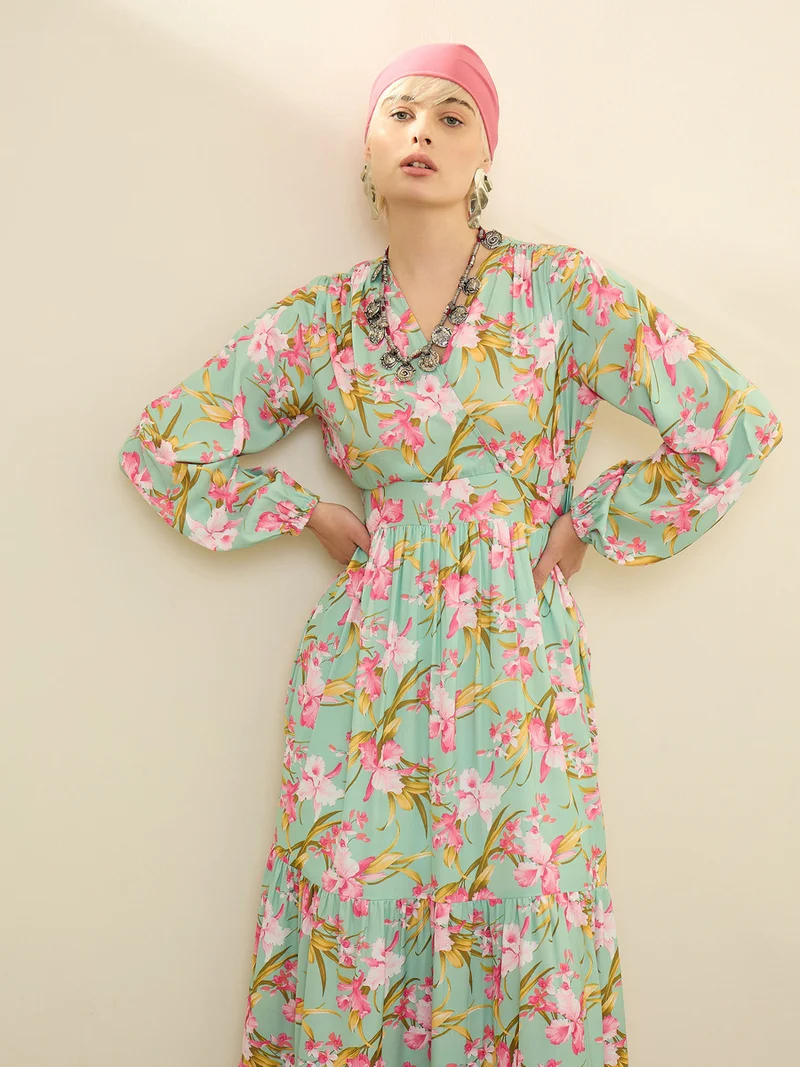 Sassafras  Sea Green and Pink Floral Wrap Neck Maxi Dress for Women | Best Price UAE