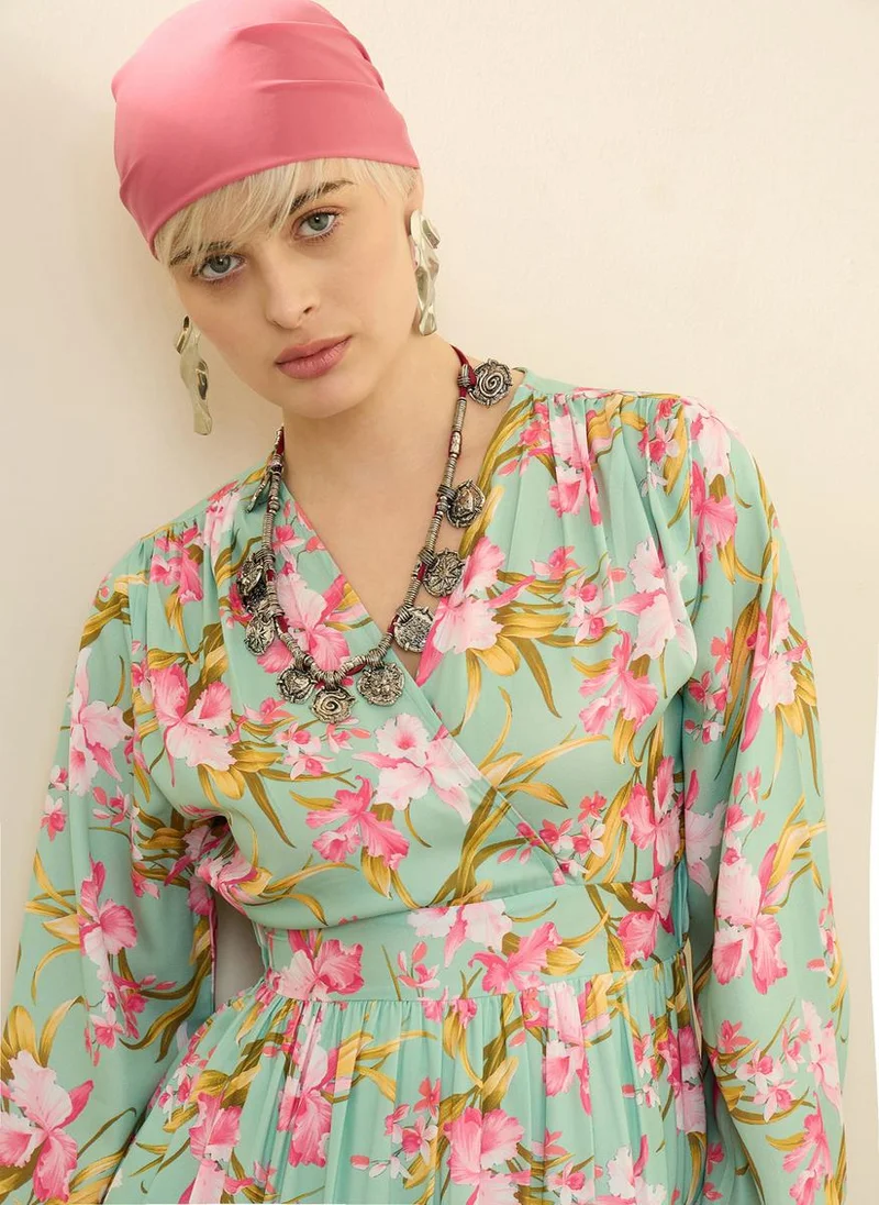 Sassafras  Sea Green and Pink Floral Wrap Neck Maxi Dress for Women | Best Price UAE