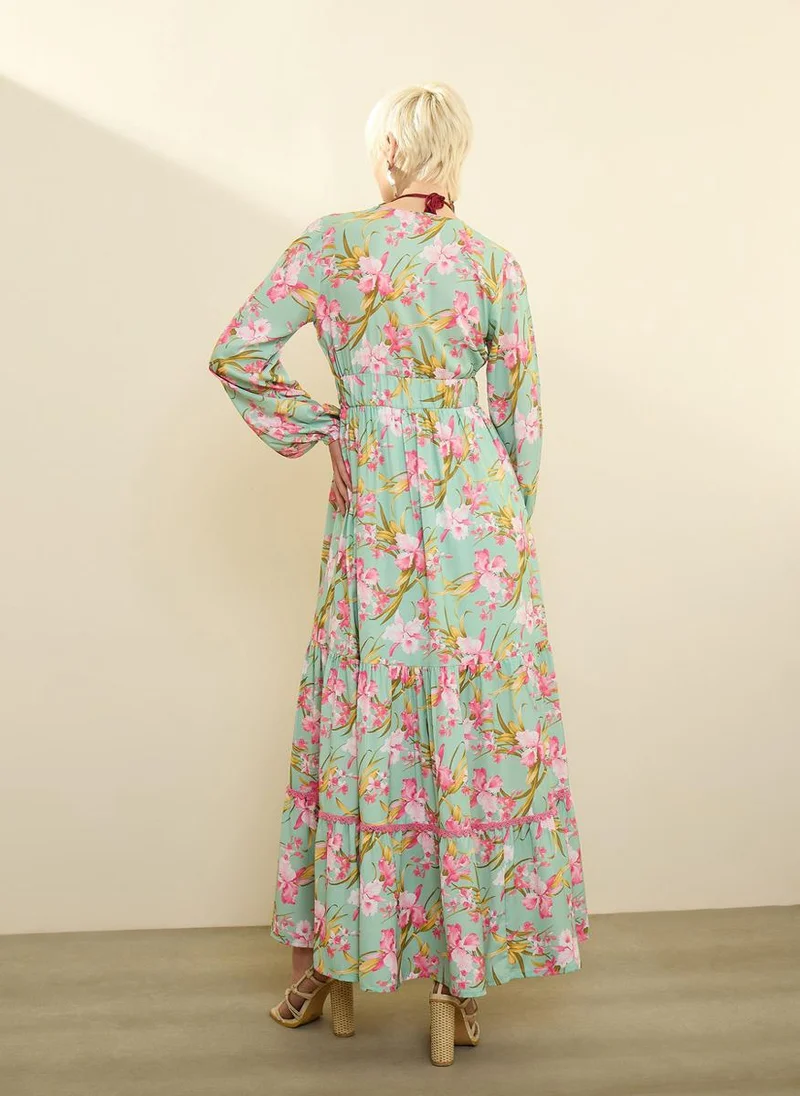 Sassafras  Sea Green and Pink Floral Wrap Neck Maxi Dress for Women | Best Price UAE