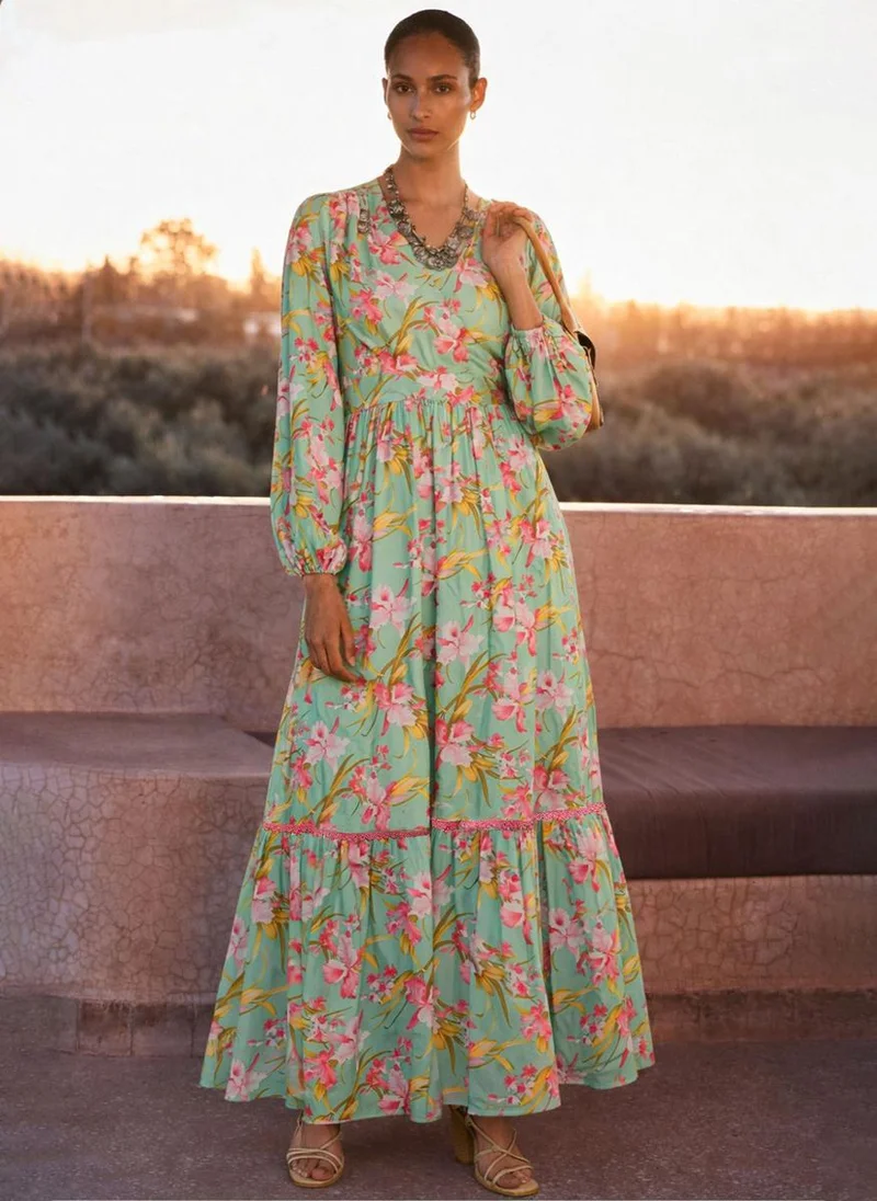 Sea Green and Pink Floral Wrap Neck Maxi Dress