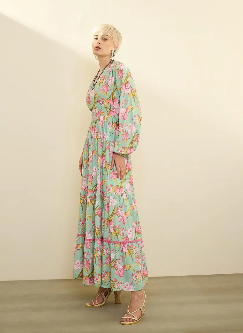 Sassafras  Sea Green and Pink Floral Wrap Neck Maxi Dress for Women | Best Price UAE