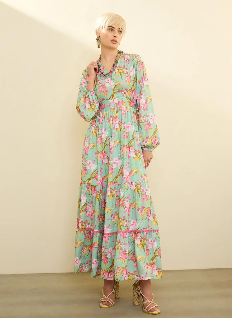 Sassafras  Sea Green and Pink Floral Wrap Neck Maxi Dress for Women | Best Price UAE