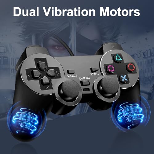 HaeBorl PS2 Controller, 2 Packs Wired Controller Compatible with PS2/PS2 Slim/PS1, PS2 Replacement Wired Controller with Dual Vibration, Black - Image 5