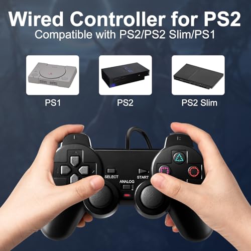 HaeBorl PS2 Controller, 2 Packs Wired Controller Compatible with PS2/PS2 Slim/PS1, PS2 Replacement Wired Controller with Dual Vibration, Black - Image 2