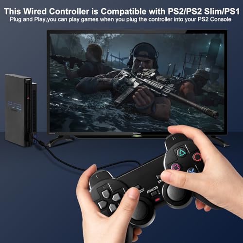 HaeBorl PS2 Controller, 2 Packs Wired Controller Compatible with PS2/PS2 Slim/PS1, PS2 Replacement Wired Controller with Dual Vibration, Black - Image 3