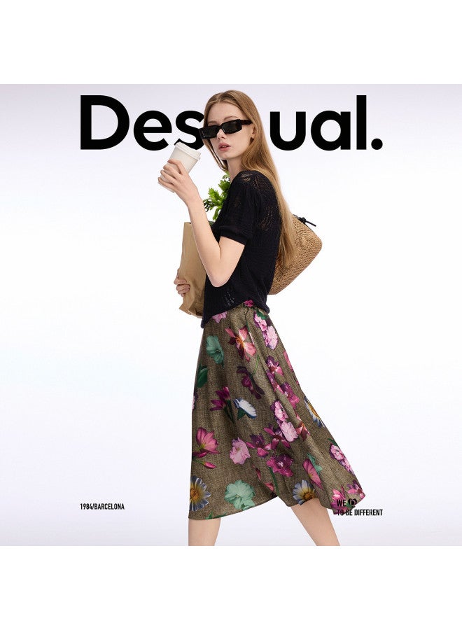 DESIGUAL تنورة مزخرفة جديدة بطبعة زهور بخصر مرن على شكل جرس - Image 2