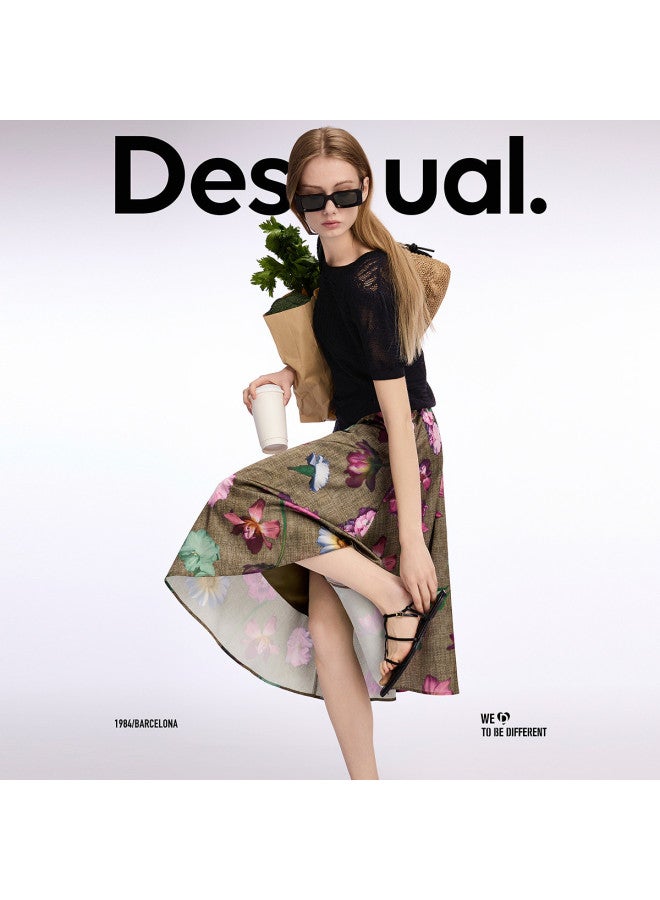 DESIGUAL تنورة مزخرفة جديدة بطبعة زهور بخصر مرن على شكل جرس - Image 3