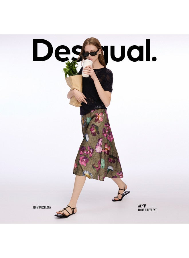 DESIGUAL تنورة مزخرفة جديدة بطبعة زهور بخصر مرن على شكل جرس - Image 4