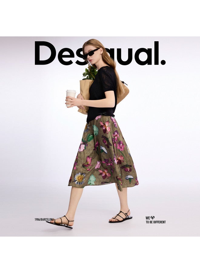 DESIGUAL تنورة مزخرفة جديدة بطبعة زهور بخصر مرن على شكل جرس - Image 5