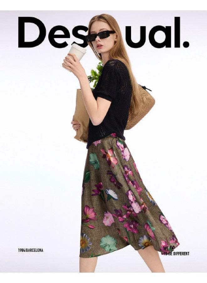 DESIGUAL تنورة مزخرفة جديدة بطبعة زهور بخصر مرن على شكل جرس - Image 1
