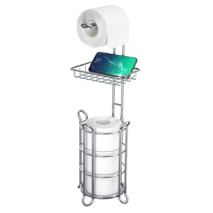 CHROME TOILET PAPER HOLDER STAND TISSUE HOLDER FOR BATHROOM WITH SHELF STORAGE HOLDS 4 MEGA ROLLS PHONE AND WIPES