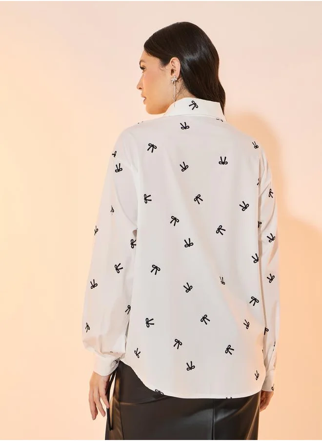 Take Two All Over Bowknot Print Oversized Collared Shirt