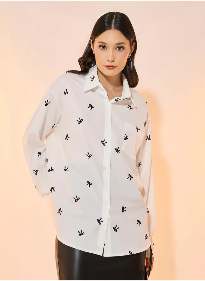 Take Two All Over Bowknot Print Oversized Collared Shirt