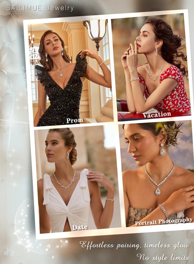 SAILIMUE Wedding Jewelry Sets for Brides Women - Silver Plated Rhinestone Crystal Necklace Bracelet Earrings Wedding Prom jewelry Set Bridal Bridesmaid Costume Accessories, Metal, Cubic Zirconia - Image 4
