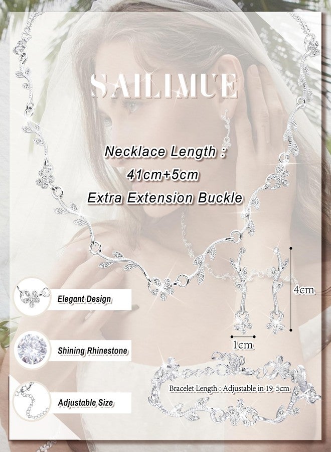 SAILIMUE Wedding Jewelry Sets for Brides Women - Silver Plated Rhinestone Crystal Necklace Bracelet Earrings Wedding Prom jewelry Set Bridal Bridesmaid Costume Accessories, Metal, Cubic Zirconia - Image 2
