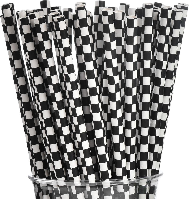 ALINK 100 Counts Stripe Paper Straws (Black and white check) - Image 1