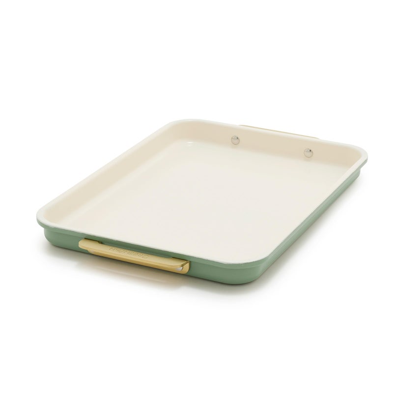 GreenPan Bakeware 13 x 9 Quarter Sheet Pan Ceramic Nonstick Baking Pan PFAS BPA Free Gold Handles Durable Steel Versatile Space Saving Ovenware Freezer to Oven Dish Sage Green