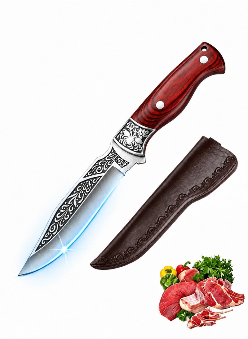 Saiboro Kitchen Knife Chef's Knife Viking Knife,Hand-forged Butcher Knife,with Sheath,Solid Wood Handle,Carved steel tip,4Cr13 High-carbon Steel,for Kitchen,Outdoor,Camping,Barbecue, Restaurant - Image 1