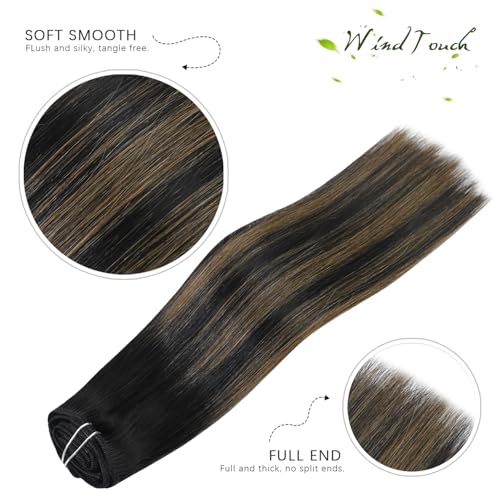 WindTouch Clip in Hair Extensions Human Hair Balayage Natural Black to Chestnut Brown Highlights for Black Hair 75g 22Inch 7PCS 1BT6P1B - Image 3