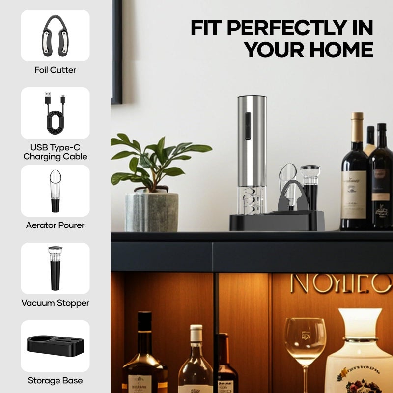Crenova Crenova 6-in-1 Wine Opener Electric Rechargeable Automatic Corkscrew Bottle Opener set with Vacuum Stopper, Aerator Pourer, Foil Cutter, Display Base & USB Charging Cable, Silver, Valentine's Day Gift  - Image 4