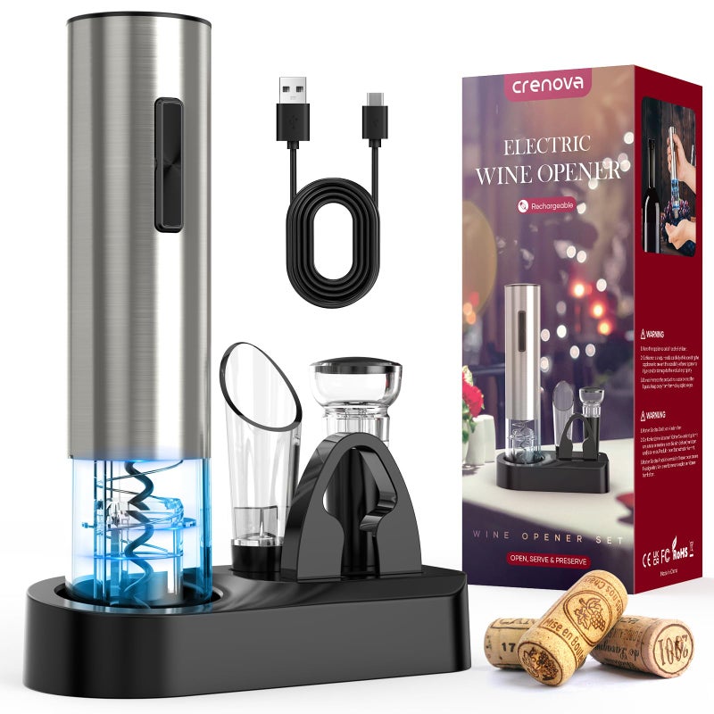 Crenova Crenova 6-in-1 Wine Opener Electric Rechargeable Automatic Corkscrew Bottle Opener set with Vacuum Stopper, Aerator Pourer, Foil Cutter, Display Base & USB Charging Cable, Silver, Valentine's Day Gift  - Image 1