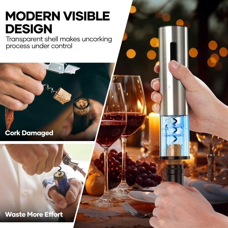 Crenova Crenova 6-in-1 Wine Opener Electric Rechargeable Automatic Corkscrew Bottle Opener set with Vacuum Stopper, Aerator Pourer, Foil Cutter, Display Base & USB Charging Cable, Silver, Valentine's Day Gift  - Image 5