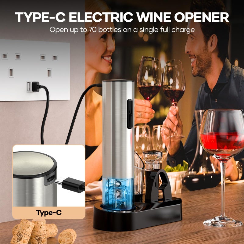 Crenova Crenova 6-in-1 Wine Opener Electric Rechargeable Automatic Corkscrew Bottle Opener set with Vacuum Stopper, Aerator Pourer, Foil Cutter, Display Base & USB Charging Cable, Silver, Valentine's Day Gift  - Image 2