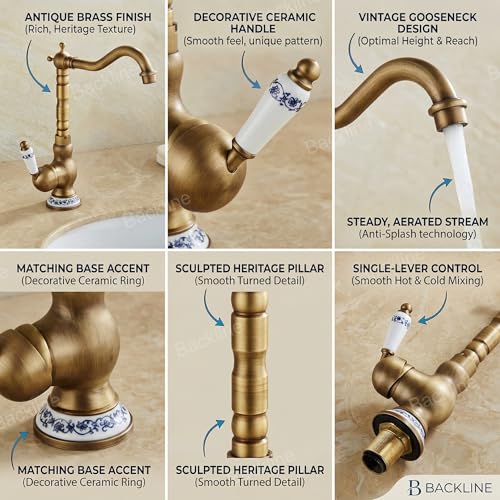 B BACKLINE Brass Basin Mixer Tap Hot Cold | Wash Basin Mixer Faucet | Pillar tap for wash Basin | Tap for Bathroom & Livingroom (Antique Finish) - Image 2
