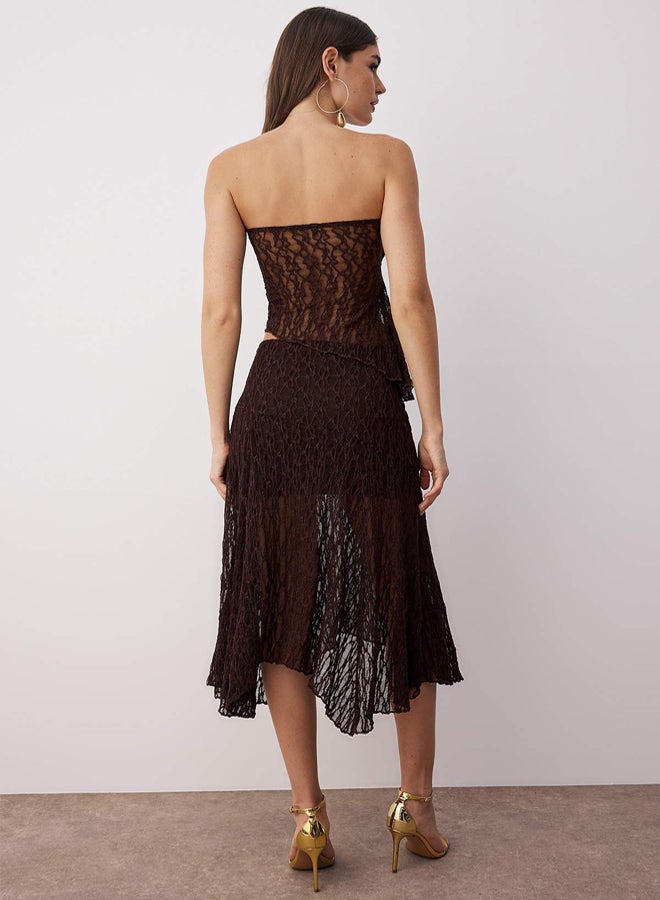 trendyol Brown Straight Strapless Sleeveless Knitted Lace Stylish/Evening Bottom - Top Set - Image 4