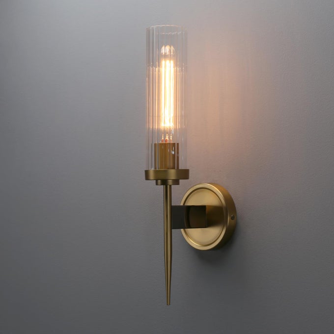BATHROOM VANITY LIGHT ANTIQUE BRASS 1LIGHT WALL SCONCE WITH 28 INCHES DIAMETER CYCLINDER RIBBED CLEAR GLASS CANOPY ONELIGHT