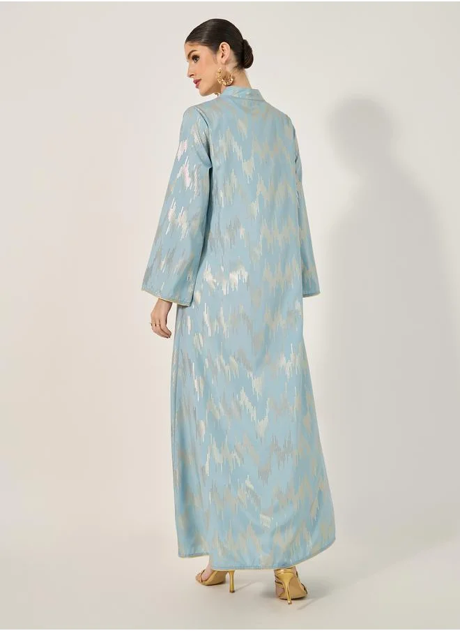 Styli geometric pattern foil print jalabiya w/ stand collar