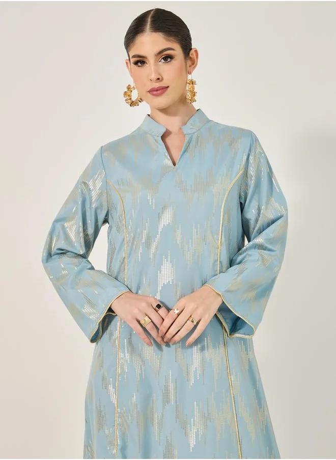 Styli geometric pattern foil print jalabiya w/ stand collar