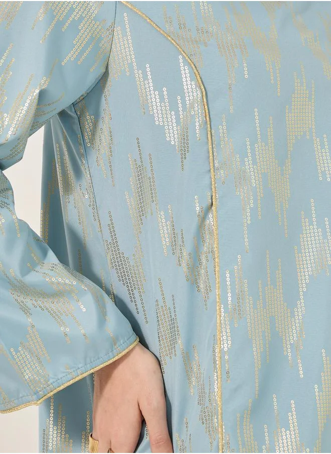 Styli geometric pattern foil print jalabiya w/ stand collar