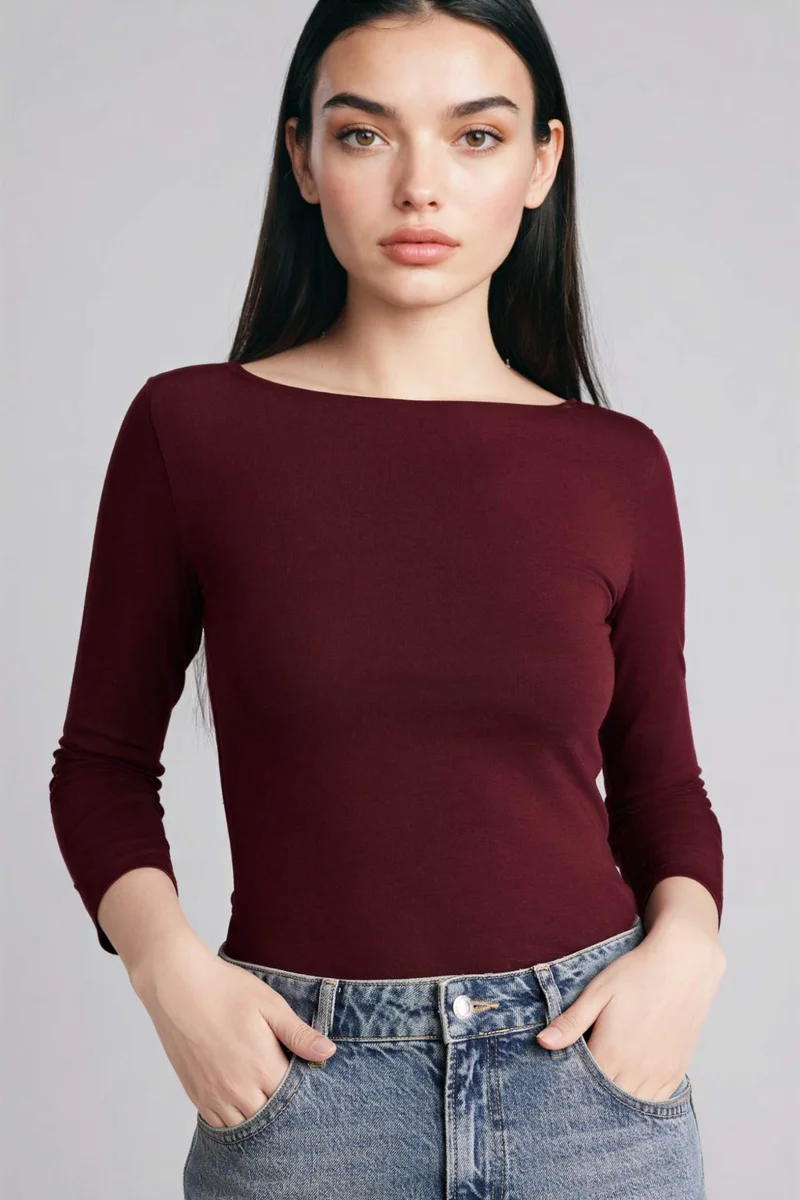 ديفاكتو Slim Fit Boat Collar Long Sleeve T-Shirt